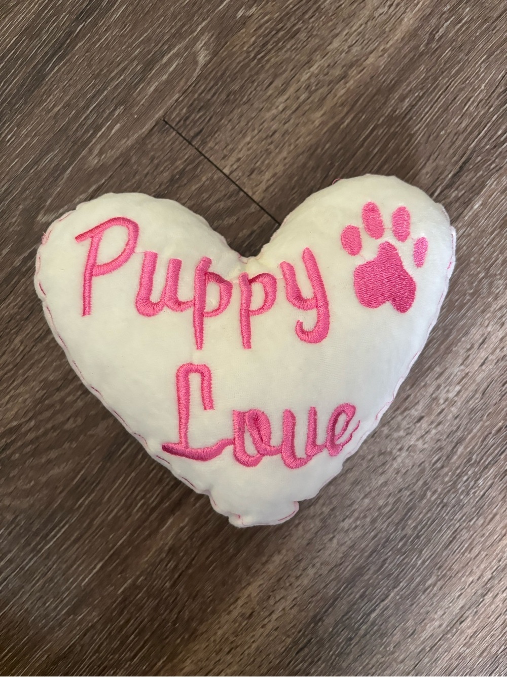 Puppy Love Plush Heart Dog Toy - White with Pink Embroidery